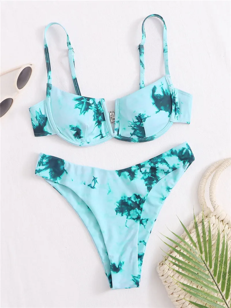 VenusFox Sexy V-bar Underwired Bikinis Floral Swimwear Women Swimsuit Female V-Neck Bikini Set Push Up Beach Wear Swim Bathing Suits