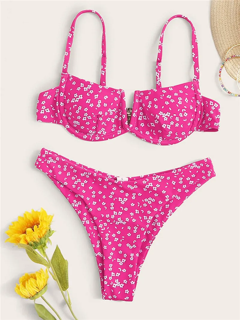 VenusFox Sexy V-bar Underwired Bikinis Floral Swimwear Women Swimsuit Female V-Neck Bikini Set Push Up Beach Wear Swim Bathing Suits