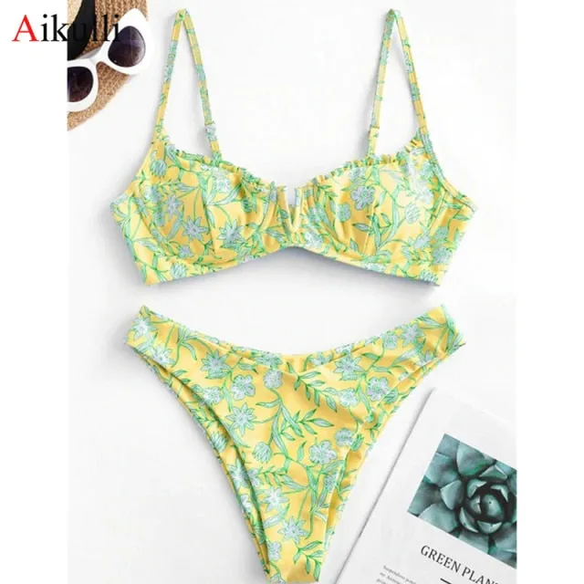 VenusFox Sexy V-bar Underwired Bikinis Floral Swimwear Women Swimsuit Female V-Neck Bikini Set Push Up Beach Wear Swim Bathing Suits