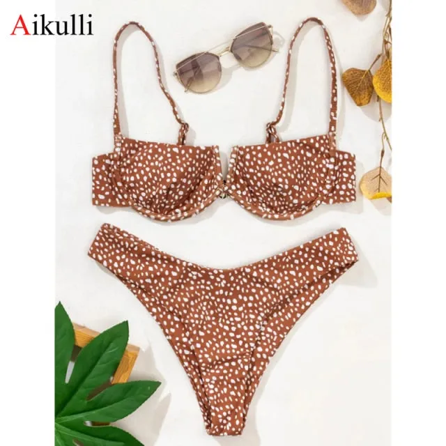 VenusFox Sexy V-bar Underwired Bikinis Floral Swimwear Women Swimsuit Female V-Neck Bikini Set Push Up Beach Wear Swim Bathing Suits