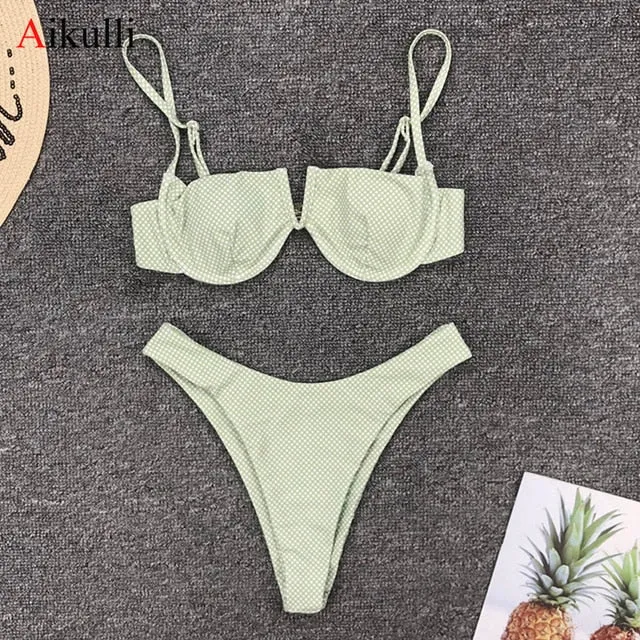 VenusFox Sexy V-bar Underwired Bikinis Floral Swimwear Women Swimsuit Female V-Neck Bikini Set Push Up Beach Wear Swim Bathing Suits