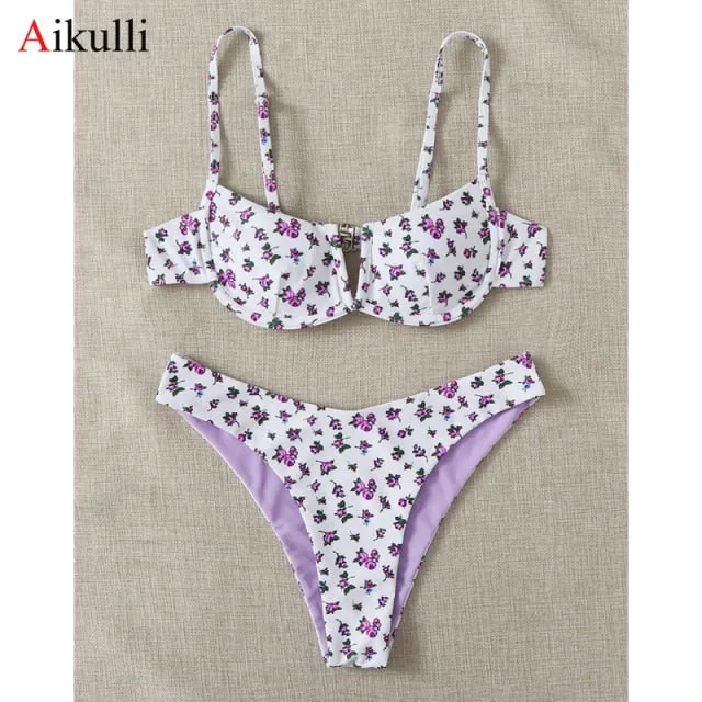 VenusFox Sexy V-bar Underwired Bikinis Floral Swimwear Women Swimsuit Female V-Neck Bikini Set Push Up Beach Wear Swim Bathing Suits