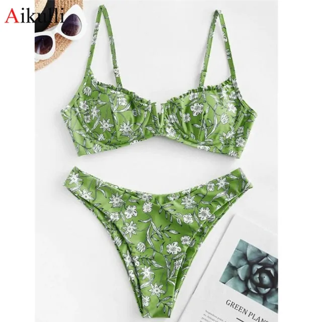 VenusFox Sexy V-bar Underwired Bikinis Floral Swimwear Women Swimsuit Female V-Neck Bikini Set Push Up Beach Wear Swim Bathing Suits