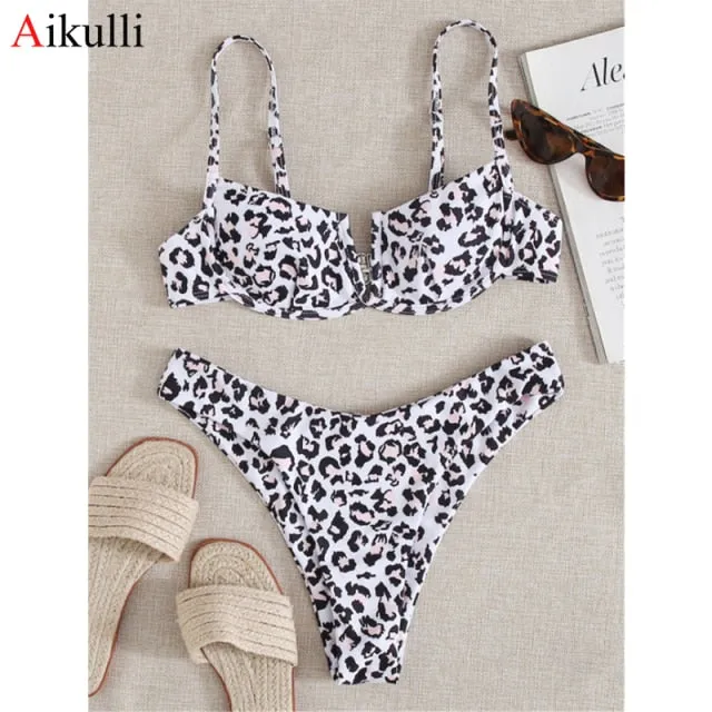 VenusFox Sexy V-bar Underwired Bikinis Floral Swimwear Women Swimsuit Female V-Neck Bikini Set Push Up Beach Wear Swim Bathing Suits