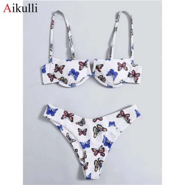 VenusFox Sexy V-bar Underwired Bikinis Floral Swimwear Women Swimsuit Female V-Neck Bikini Set Push Up Beach Wear Swim Bathing Suits