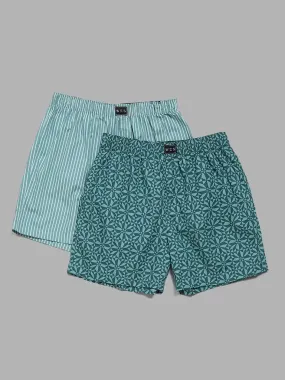 WES Lounge Striped & Printed Shades of Green Cotton Boxers - Pack of 2