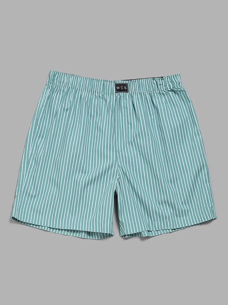 WES Lounge Striped & Printed Shades of Green Cotton Boxers - Pack of 2