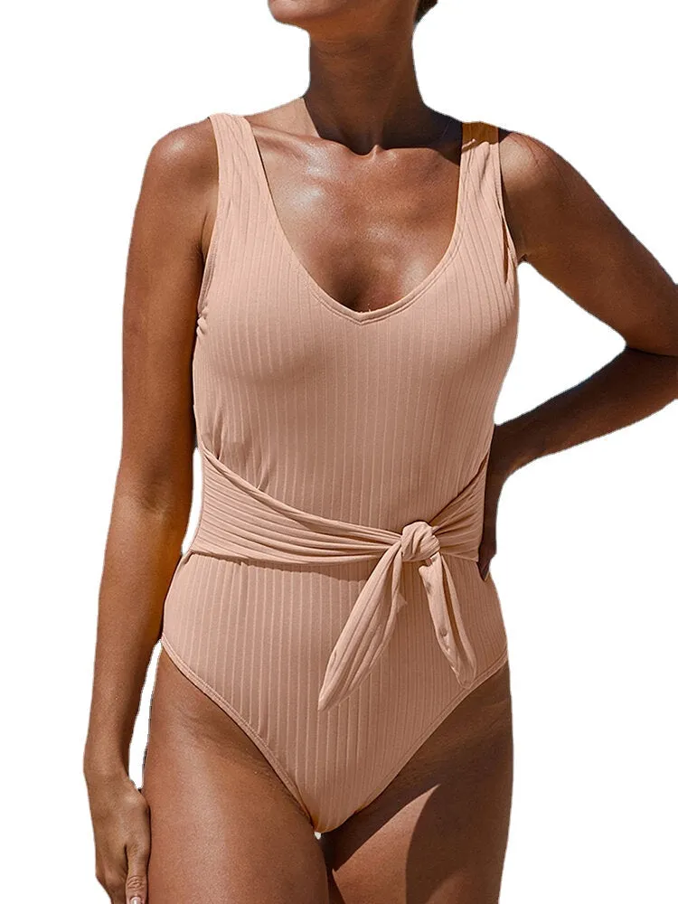 Women Knitted Jacquard Wide Straps Open Back One Piece Swimwear with Belt