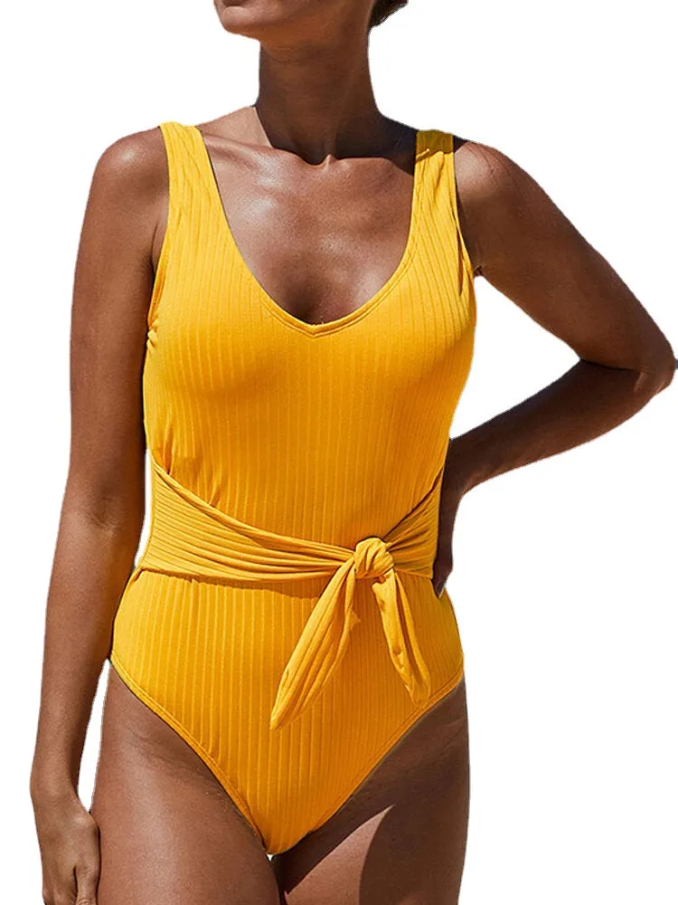 Women Knitted Jacquard Wide Straps Open Back One Piece Swimwear with Belt